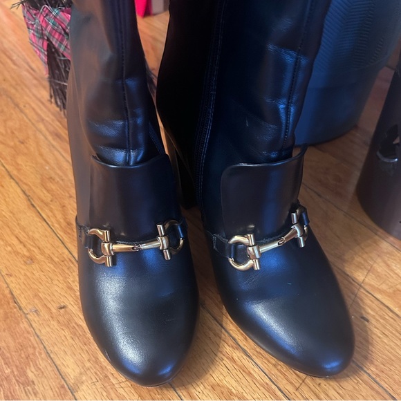 HORSEBIT BUCKLE KNEE HIGH BOOTS GOLD BUCKLE BLOCK HEEL BOOTS FAUX LEATHER VEGAN - Picture 7 of 16